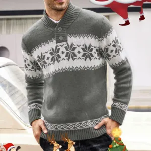 Advbridge Christmas Jacquard Knitwear Autumn Winter Men Button Stand Collar  Sweater Xmas Print Knit Polo Pullover Sweatshirt Streetwear