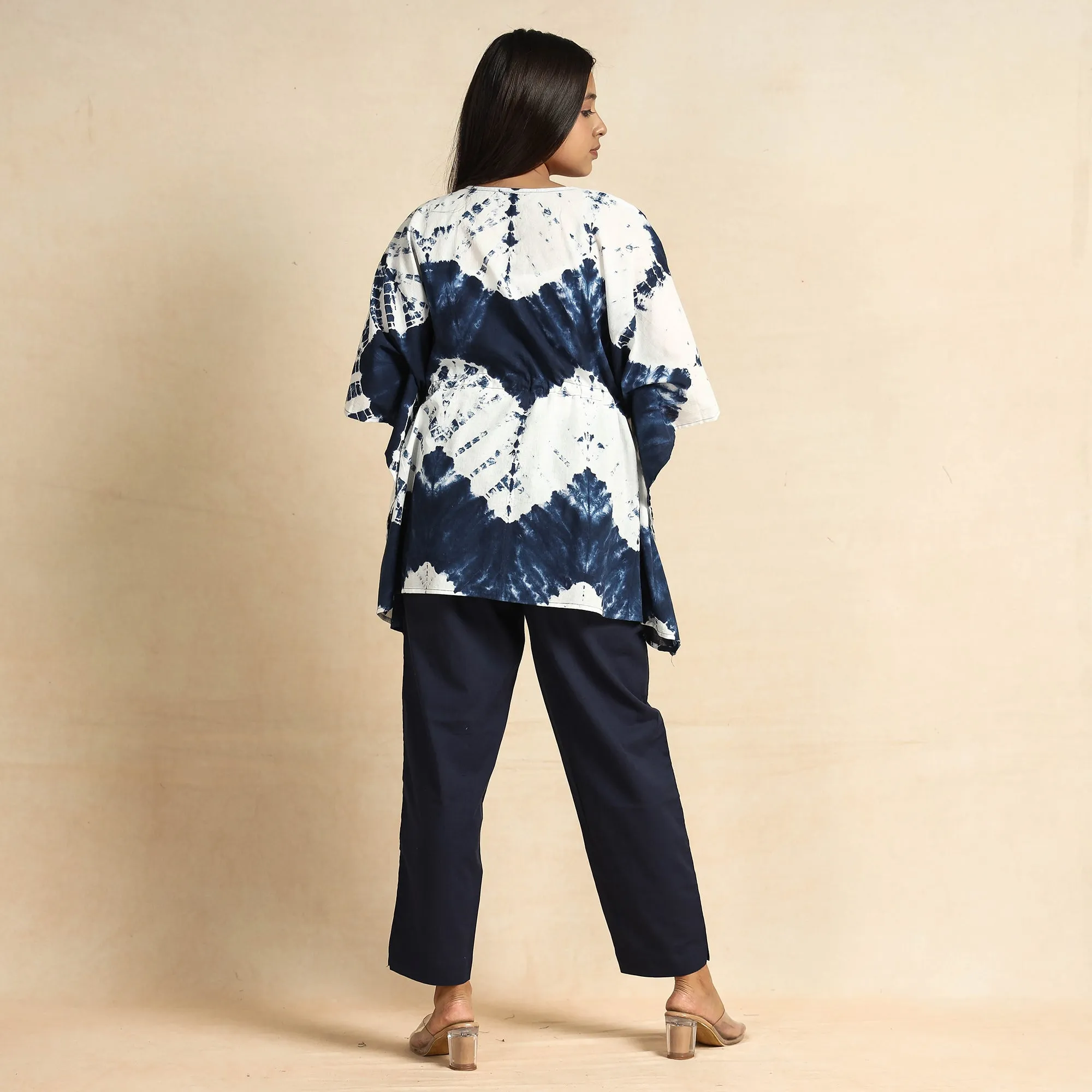 Blue - Shibori Tie-Dye Cotton Kaftan & Pyjama Night Suit Set