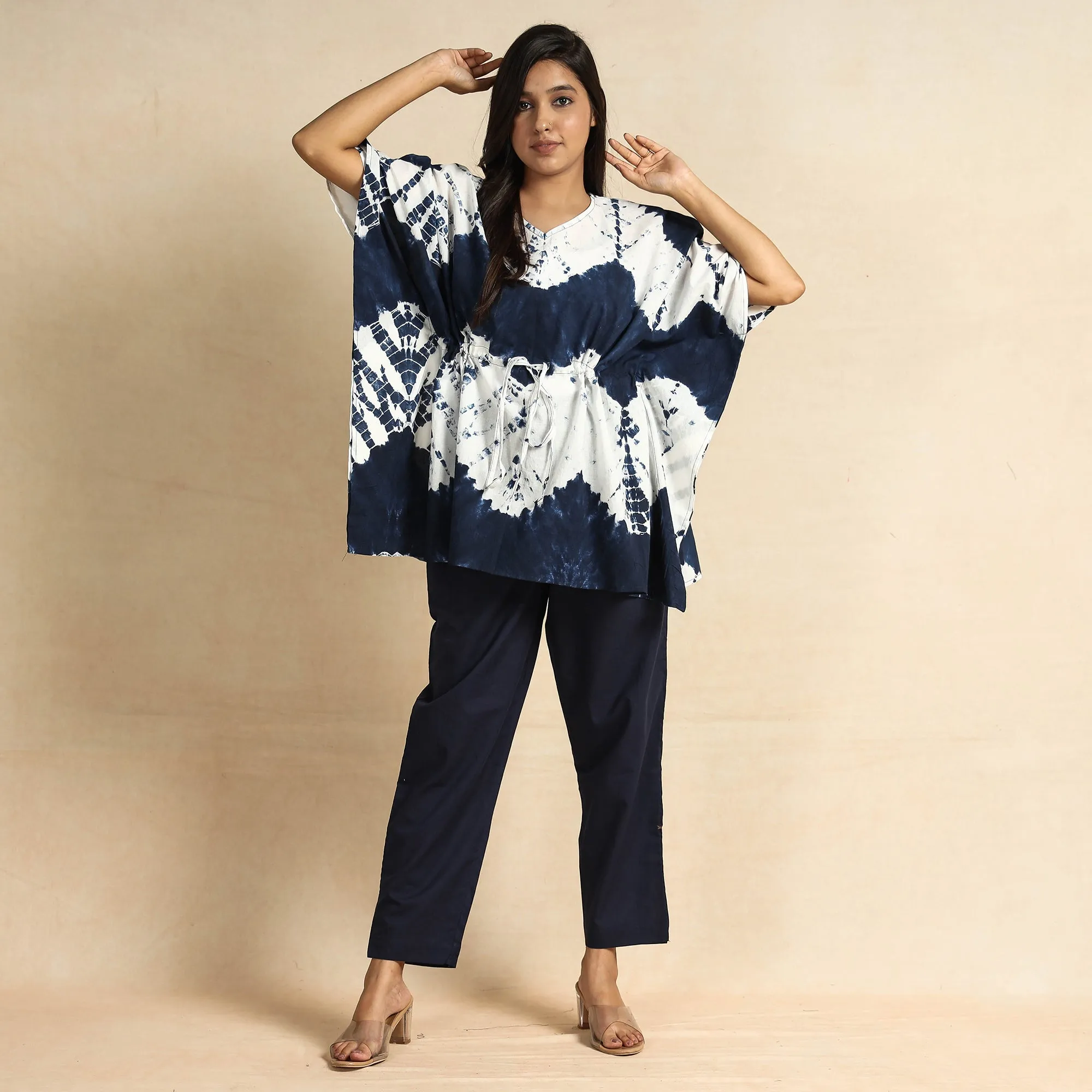 Blue - Shibori Tie-Dye Cotton Kaftan & Pyjama Night Suit Set