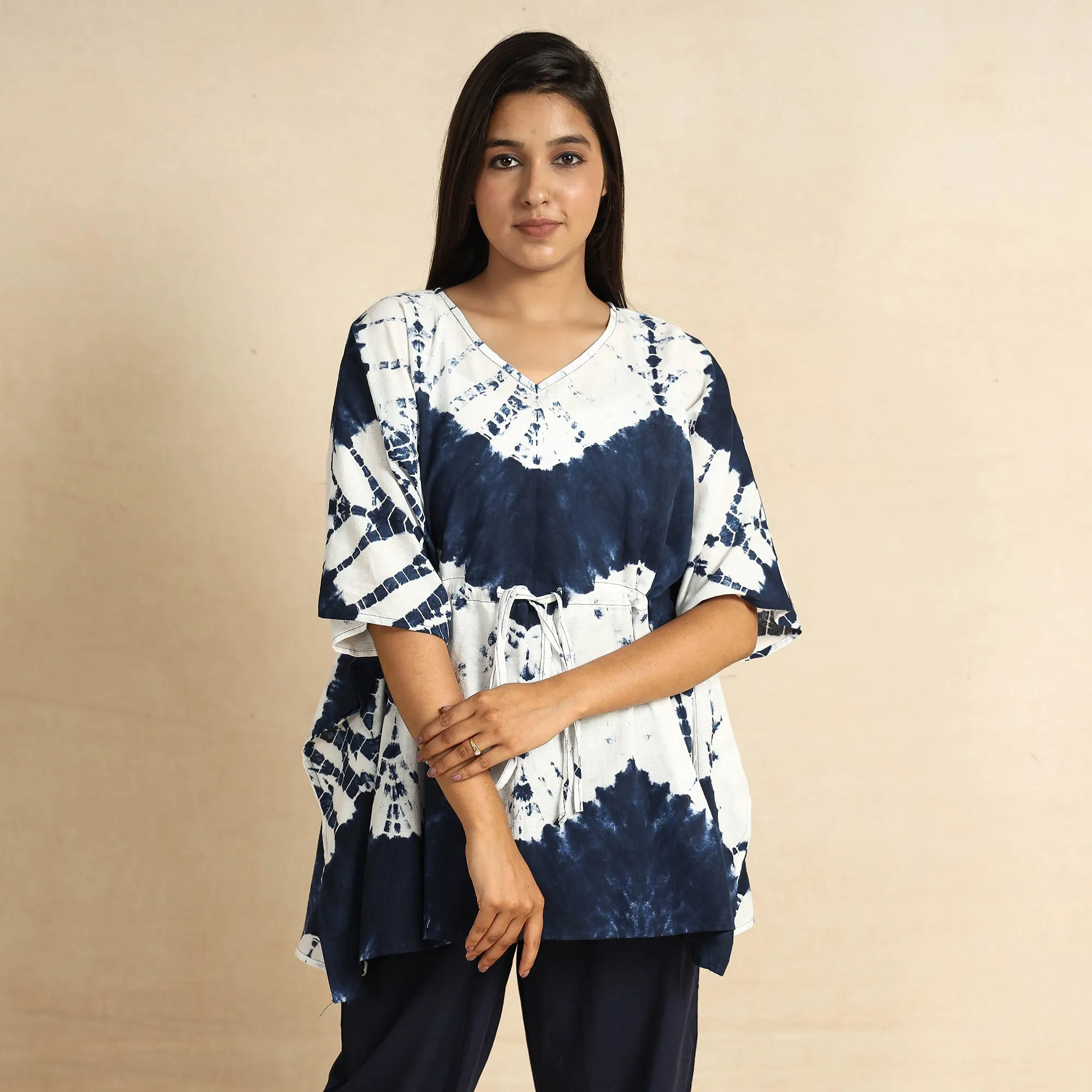 Blue - Shibori Tie-Dye Cotton Kaftan & Pyjama Night Suit Set