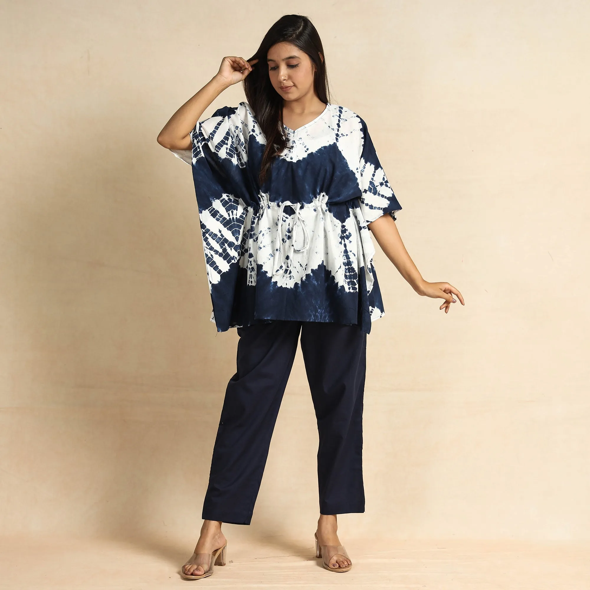 Blue - Shibori Tie-Dye Cotton Kaftan & Pyjama Night Suit Set