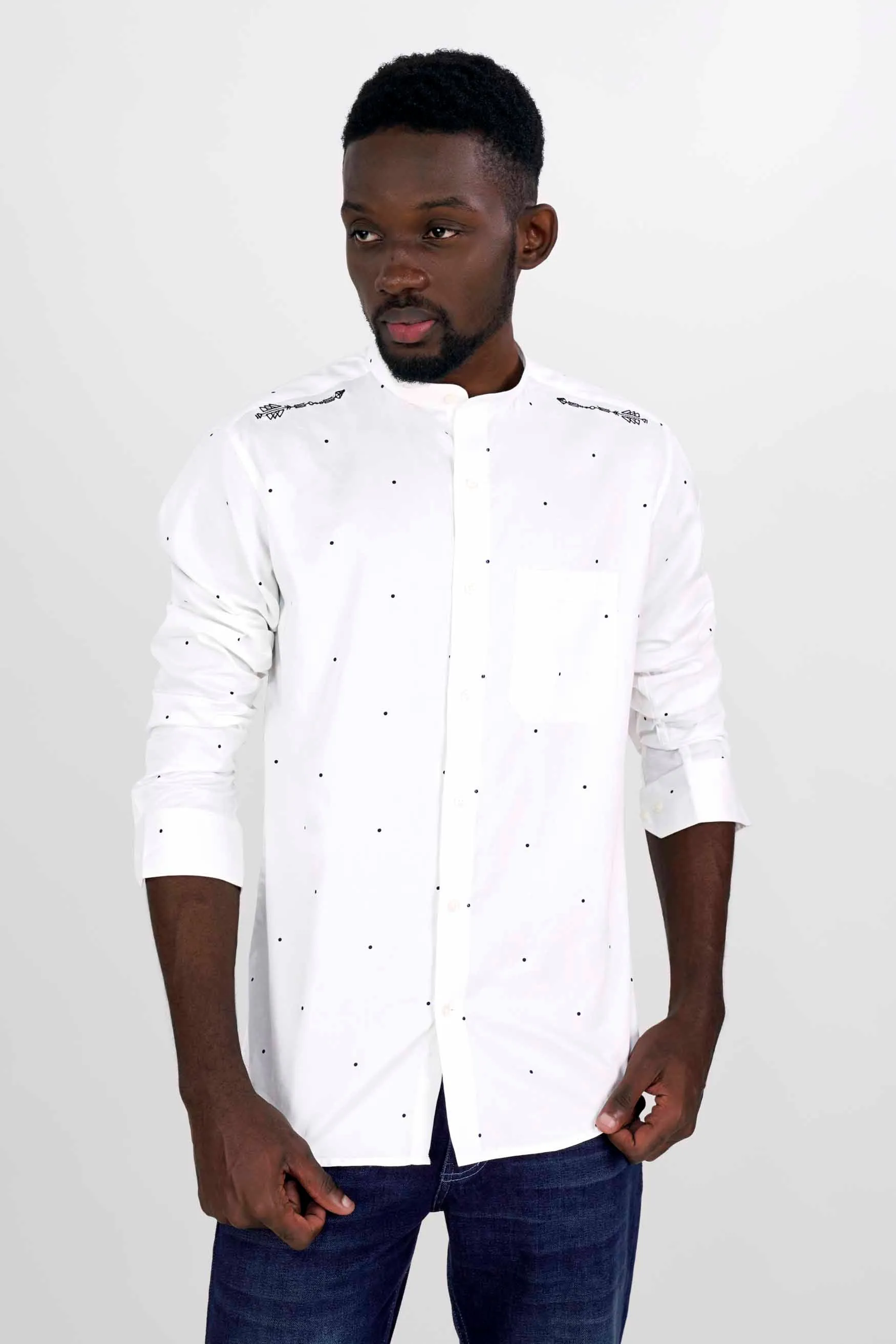 Bright White and Black Arrow Embroidered Super Soft Premium Cotton Designer Shirt