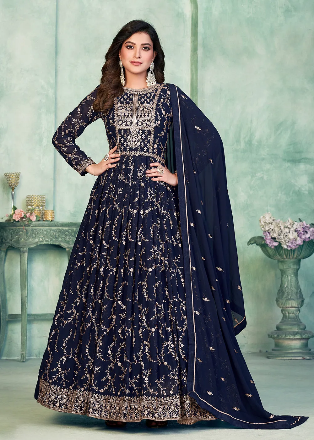 Designer Navy Blue Embroidered Wedding Party Anarkali Suit