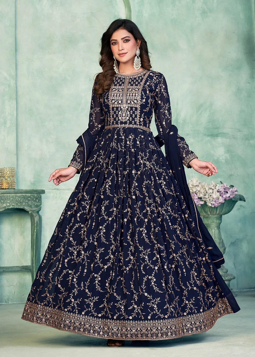 Designer Navy Blue Embroidered Wedding Party Anarkali Suit