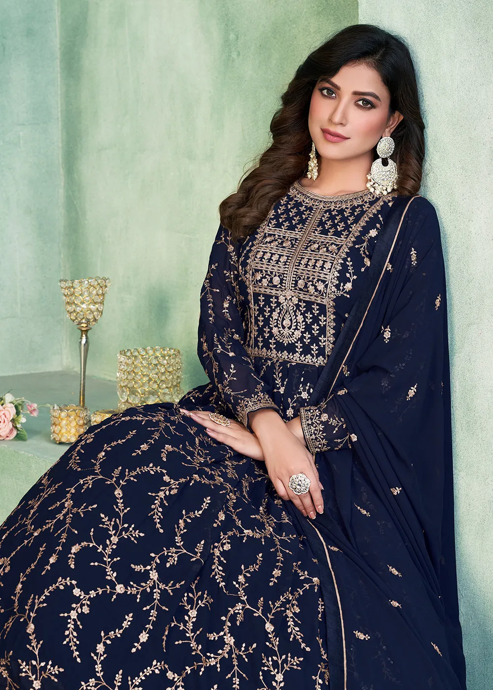 Designer Navy Blue Embroidered Wedding Party Anarkali Suit