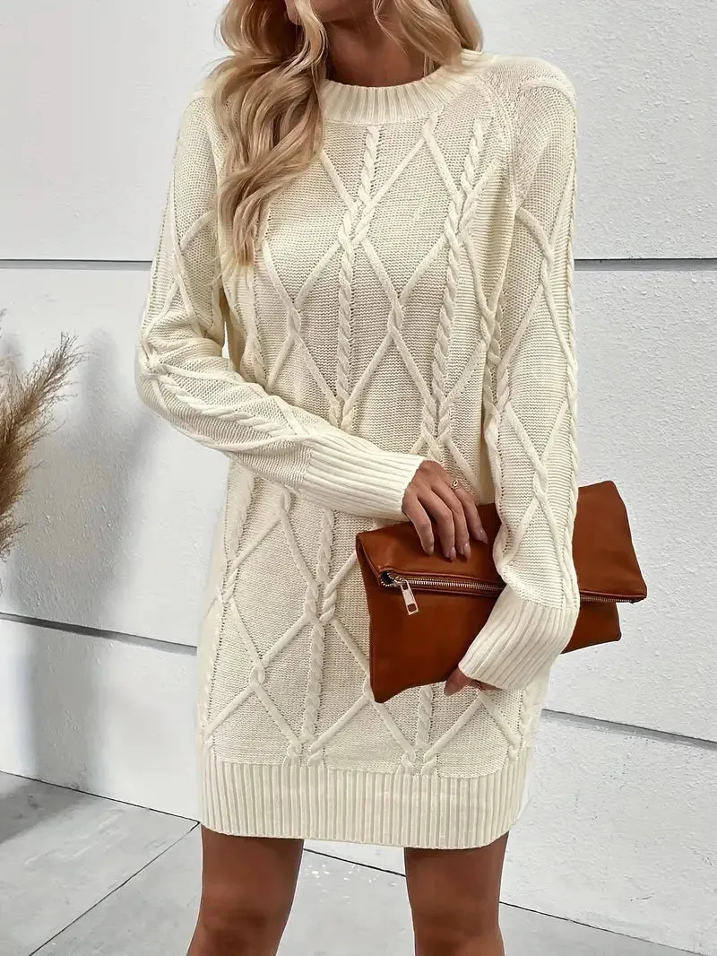 Flytonn- Casual Crewneck Solid Color Knit Sweater Dress