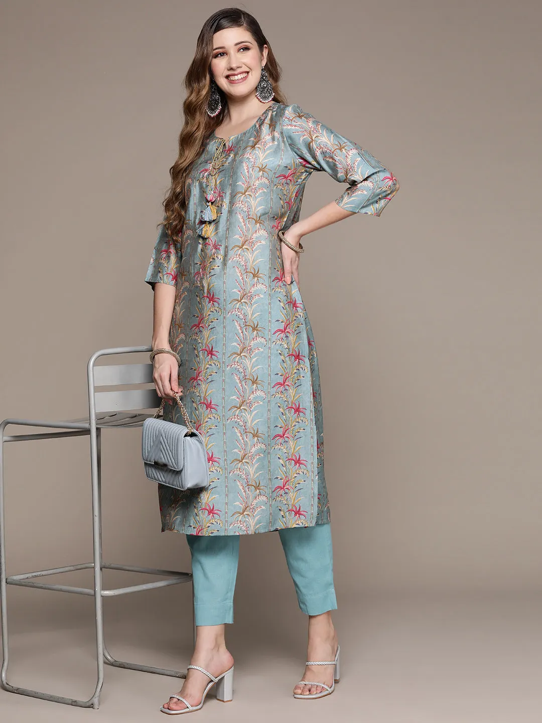 Ishin Women's Blue Floral A-Line Kurta with Trouser