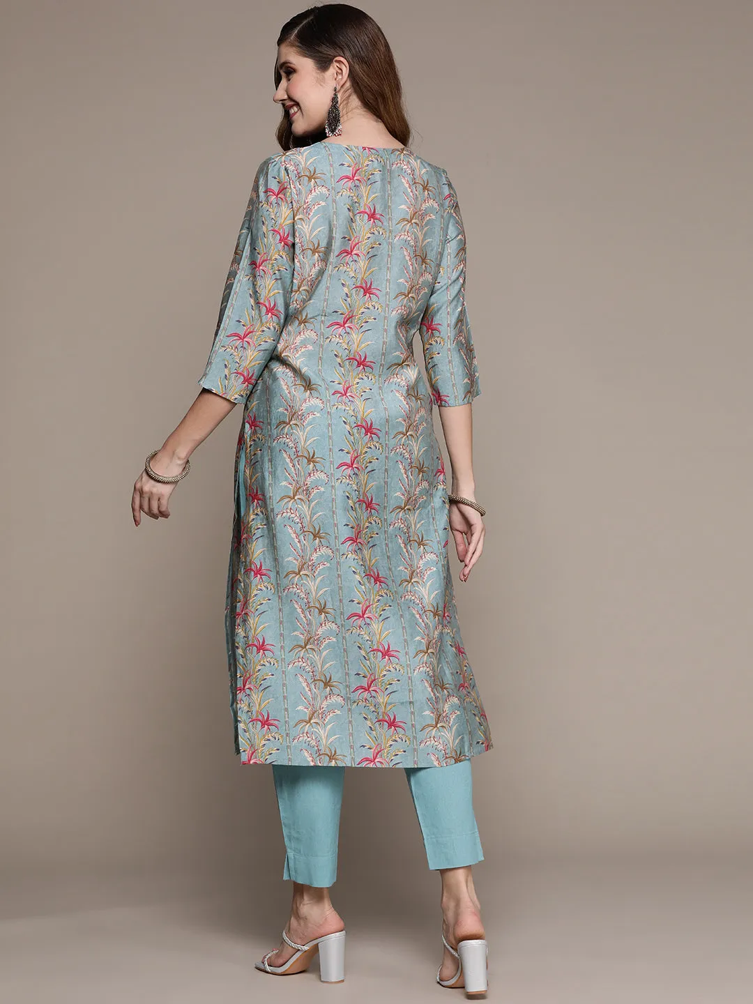 Ishin Women's Blue Floral A-Line Kurta with Trouser