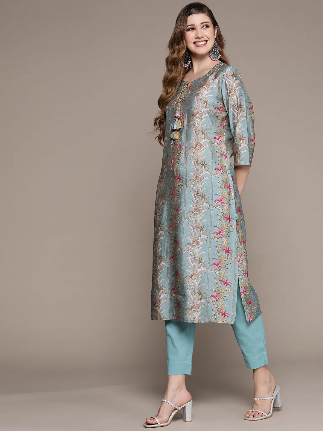 Ishin Women's Blue Floral A-Line Kurta with Trouser