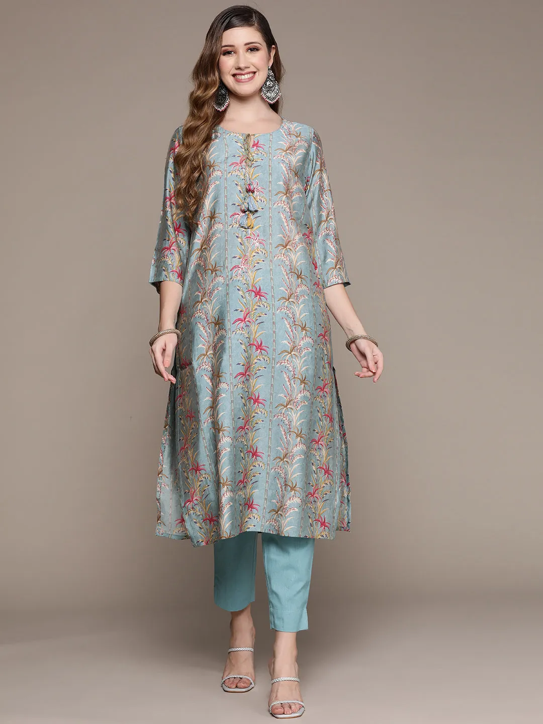 Ishin Women's Blue Floral A-Line Kurta with Trouser