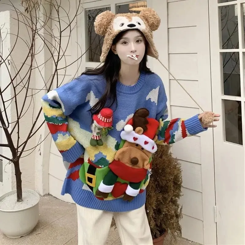 Jana - Women's Christmas sweater with 3D reindeer and colorful patchwork design