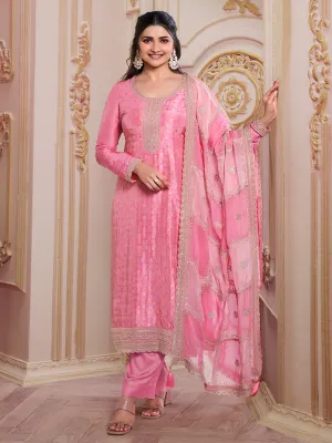 Pink Dola Jacquard with Heavy Sequins Embroidery Kurta Suit set by Qivii