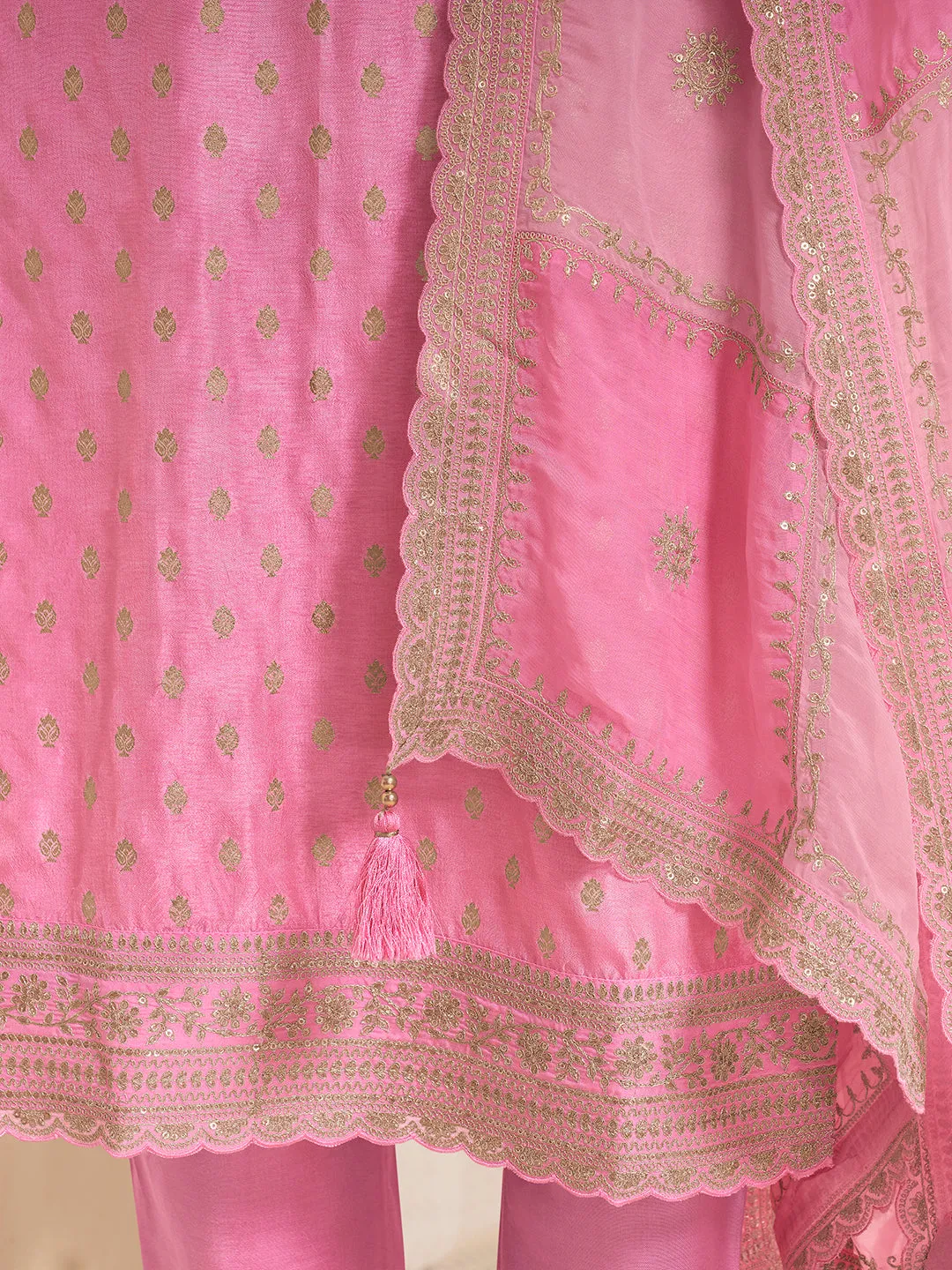 Pink Dola Jacquard with Heavy Sequins Embroidery Kurta Suit set by Qivii