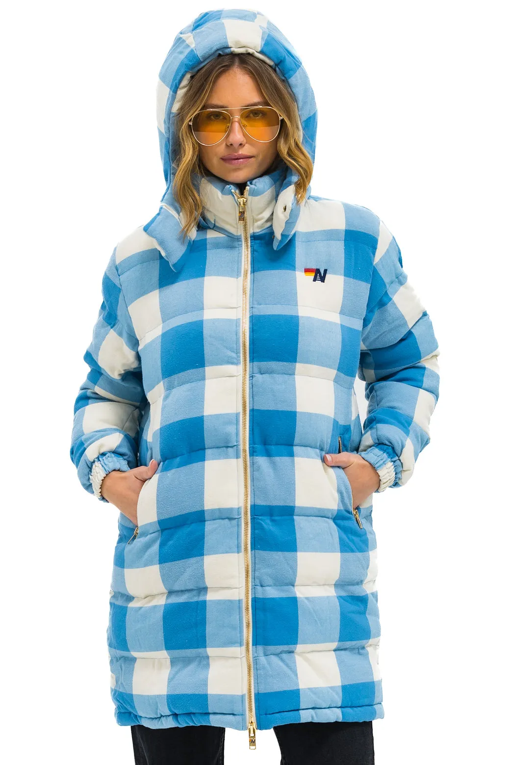 PLAID UNISEX LONG TREKKER JACKET - SKY PLAID