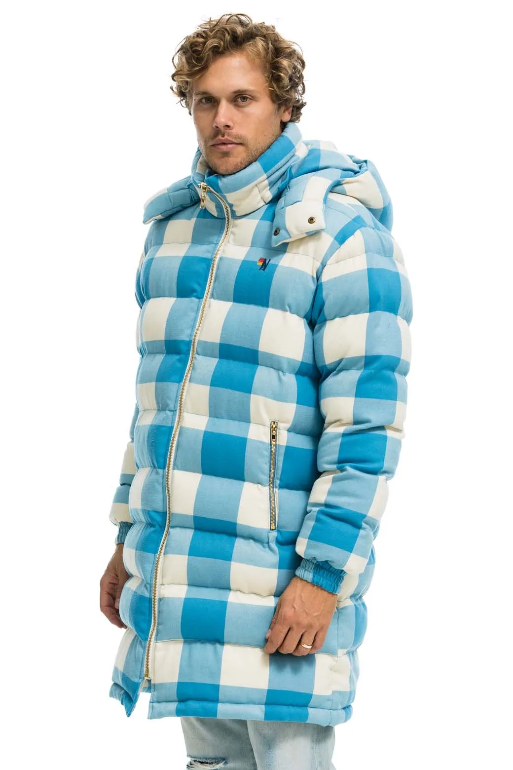 PLAID UNISEX LONG TREKKER JACKET - SKY PLAID