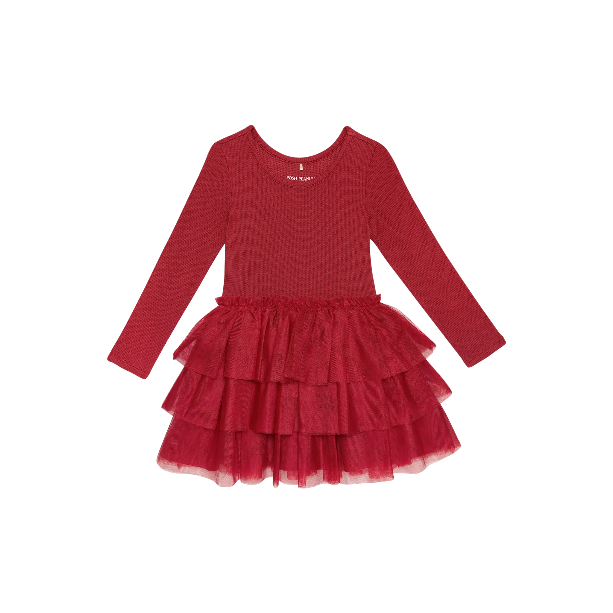 Posh Peanut Long Sleeve Tulle Dress - Crimson Waffle