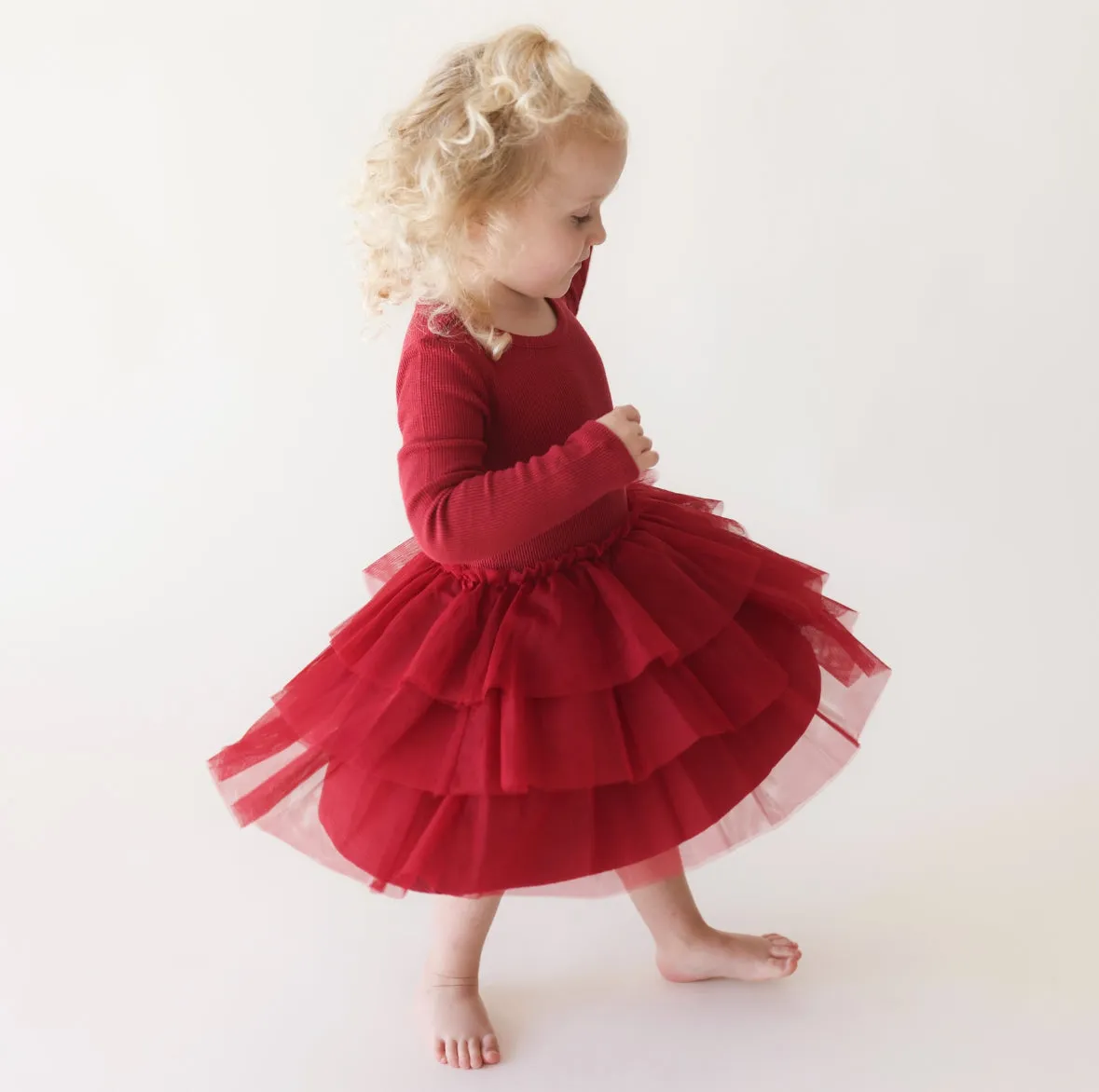 Posh Peanut Long Sleeve Tulle Dress - Crimson Waffle