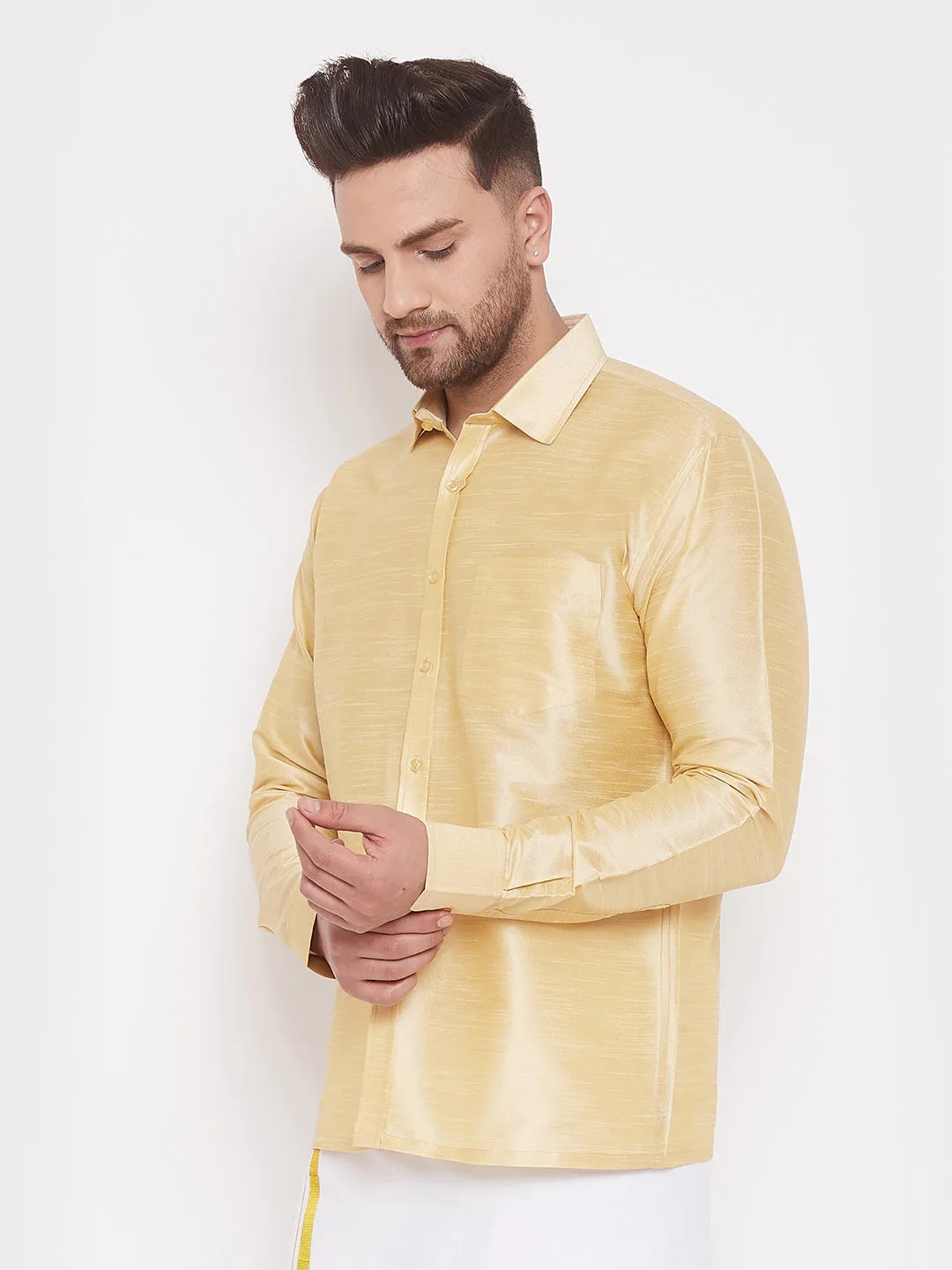 VASTRAMAY Gold Silk Blend Ethnic Shirt