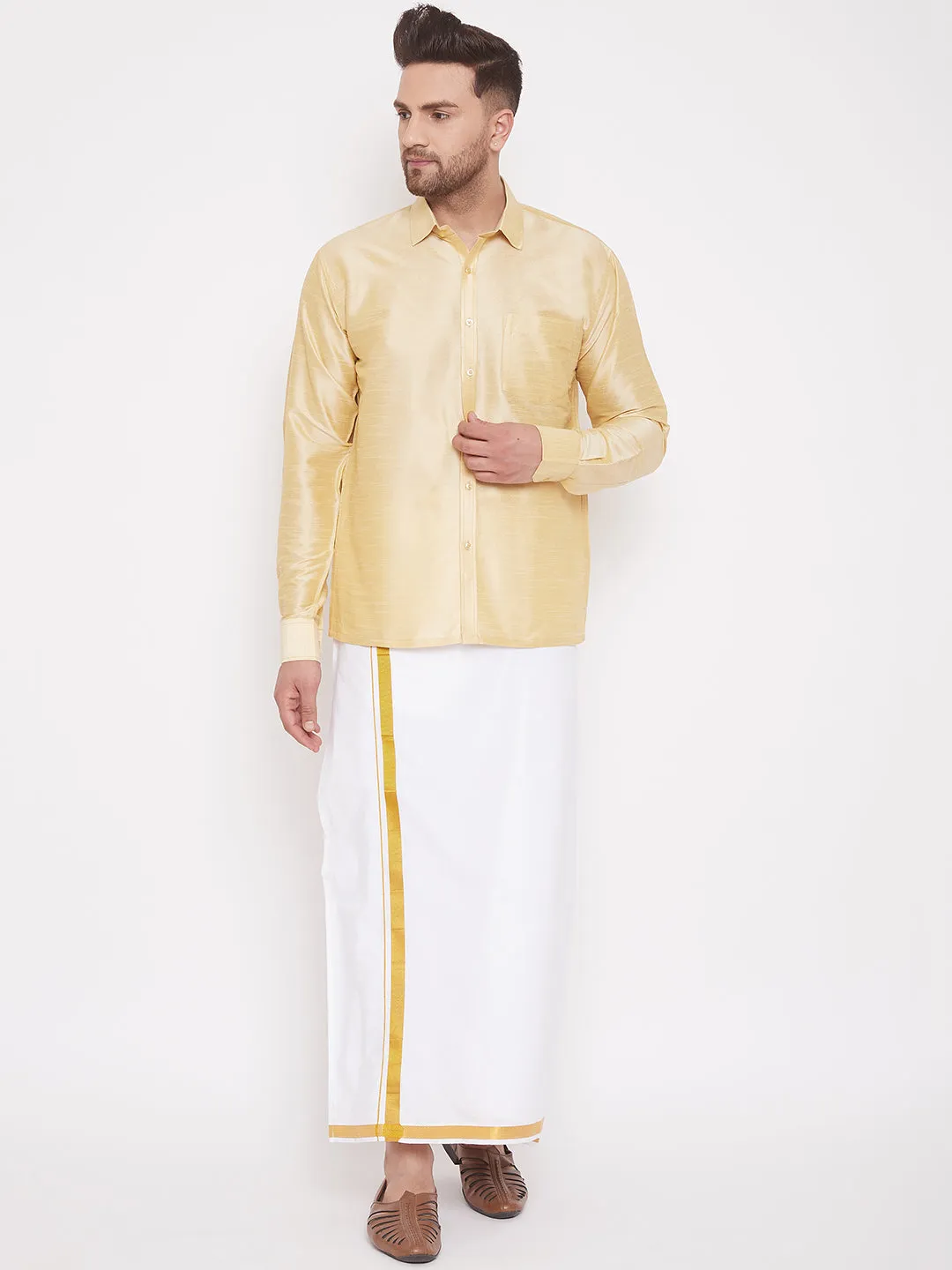 VASTRAMAY Gold Silk Blend Ethnic Shirt