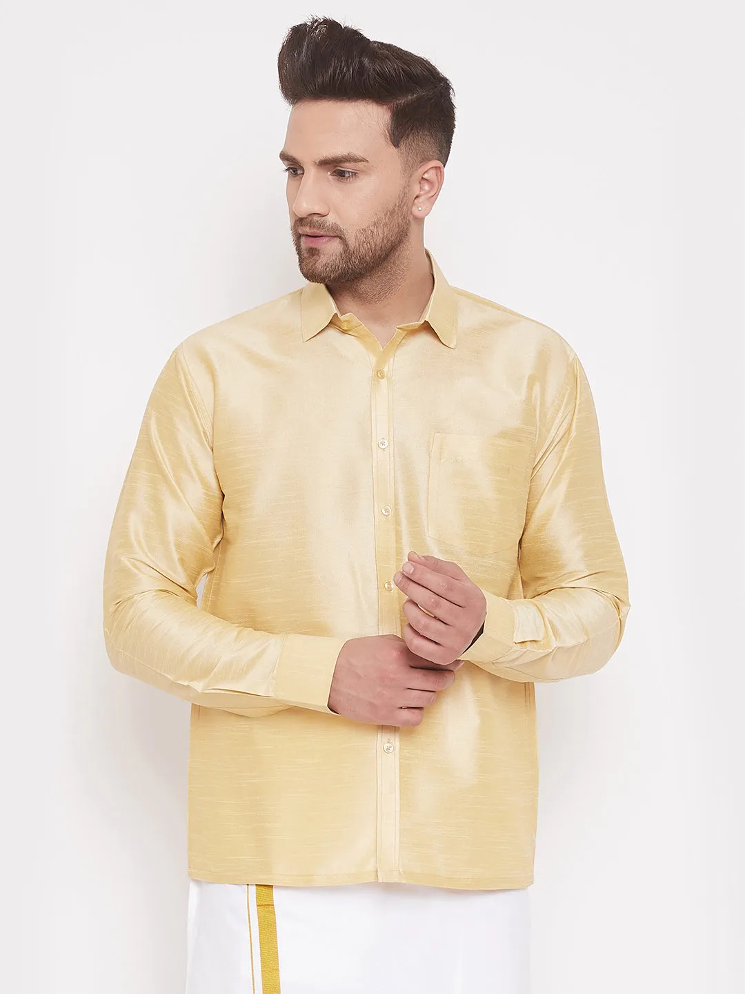 VASTRAMAY Gold Silk Blend Ethnic Shirt