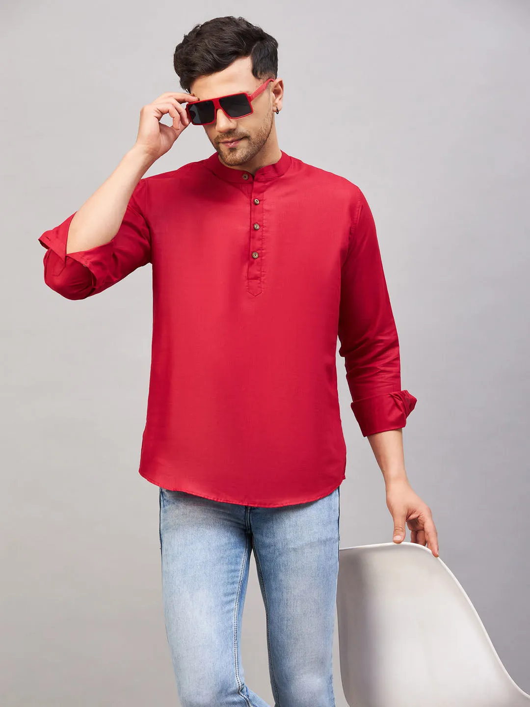 VASTRAMAY Maroon Cotton Short Kurta