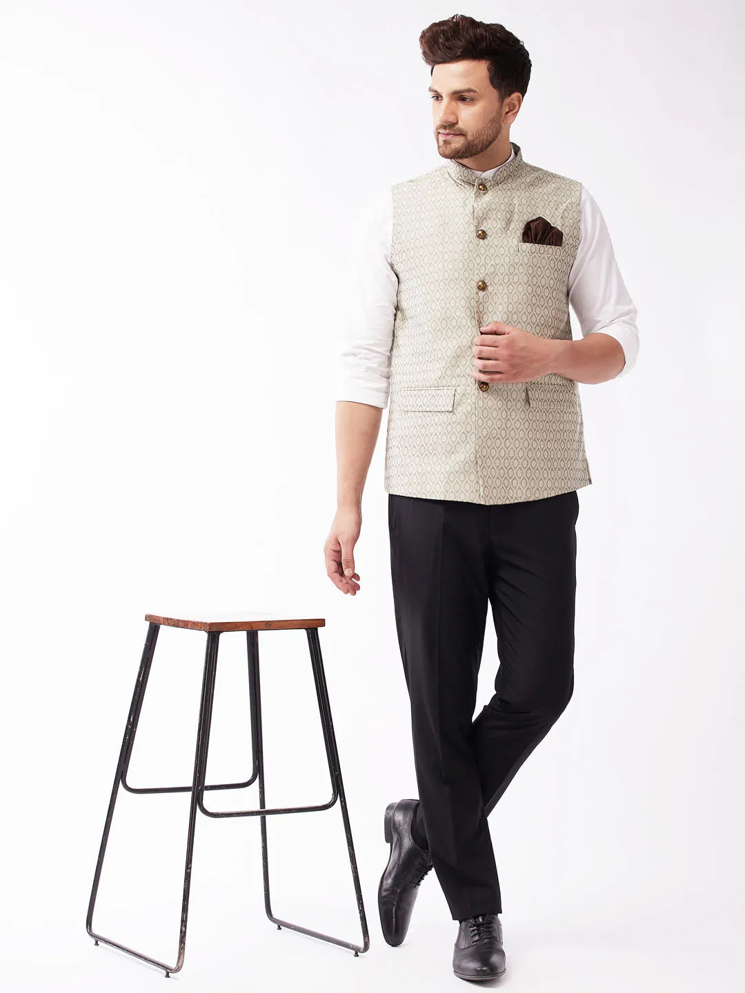 VASTRAMAY Men's Beige Jacquard Nehru Jacket