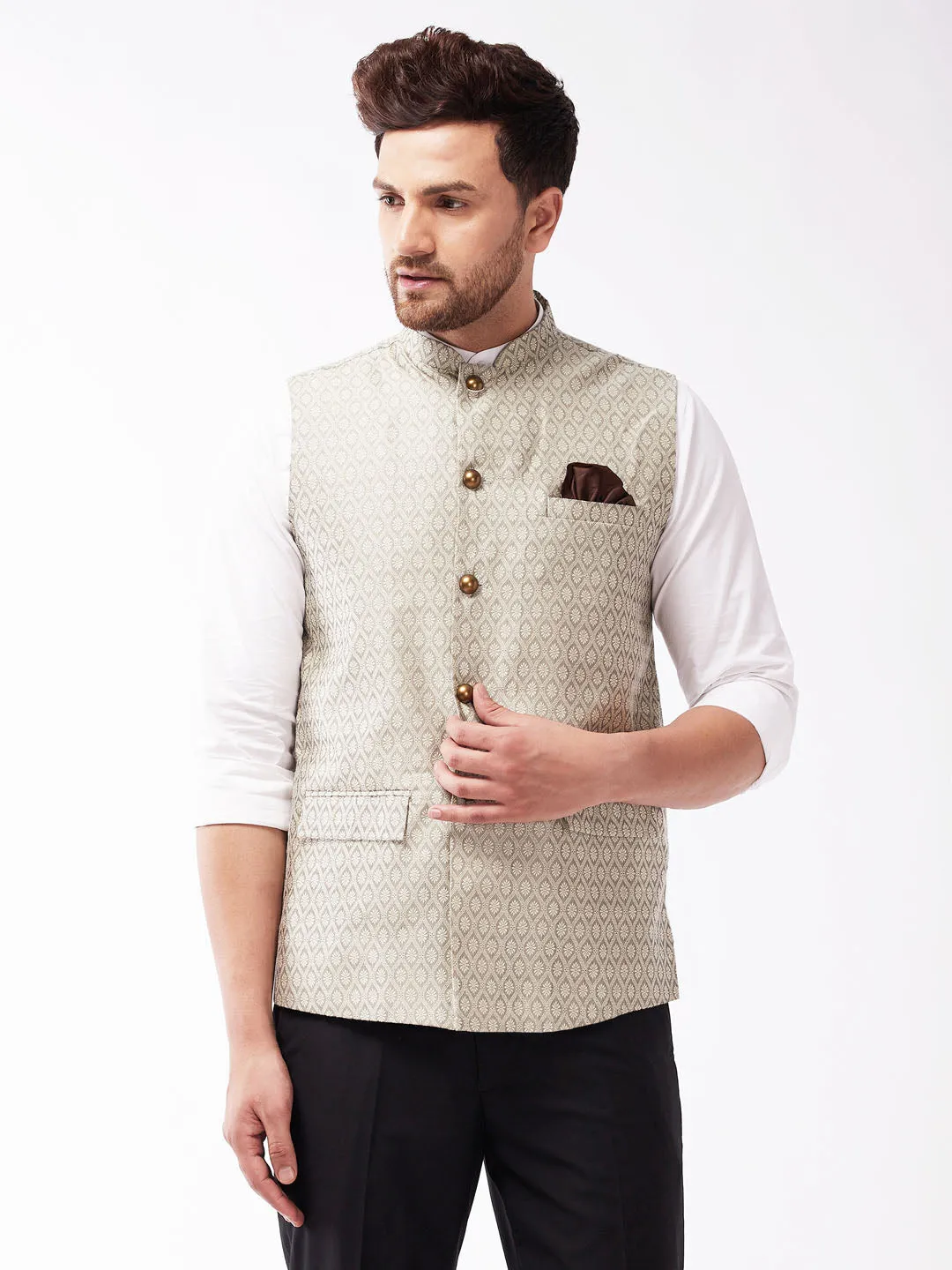 VASTRAMAY Men's Beige Jacquard Nehru Jacket