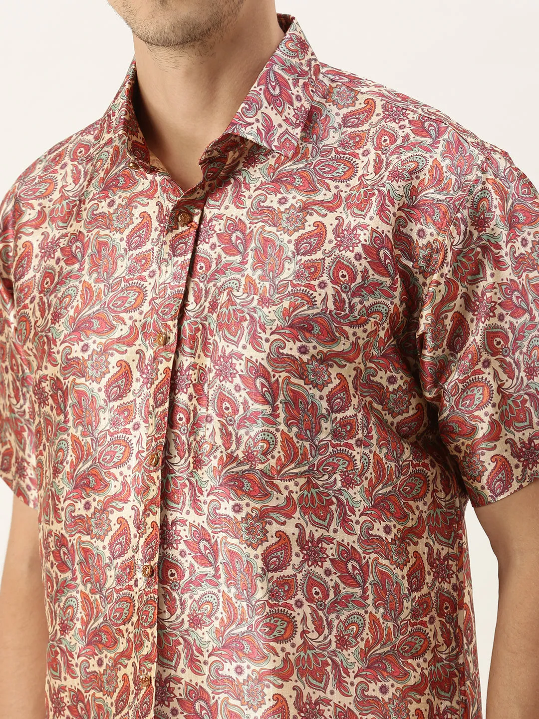 VASTRAMAY Men's Silk Blend Printed Shirt Set