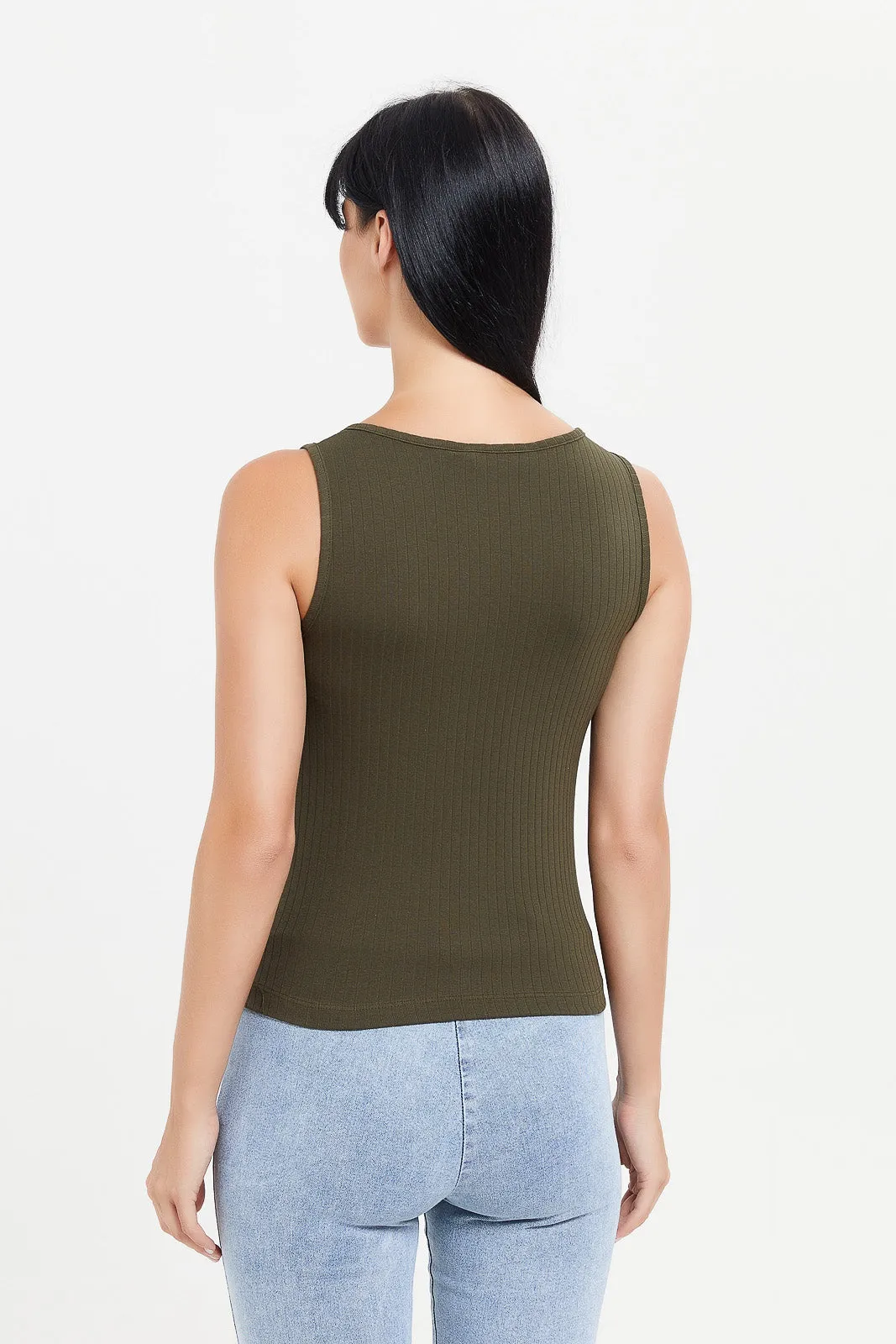 Women Olive V-Neck Sleeveless Vest