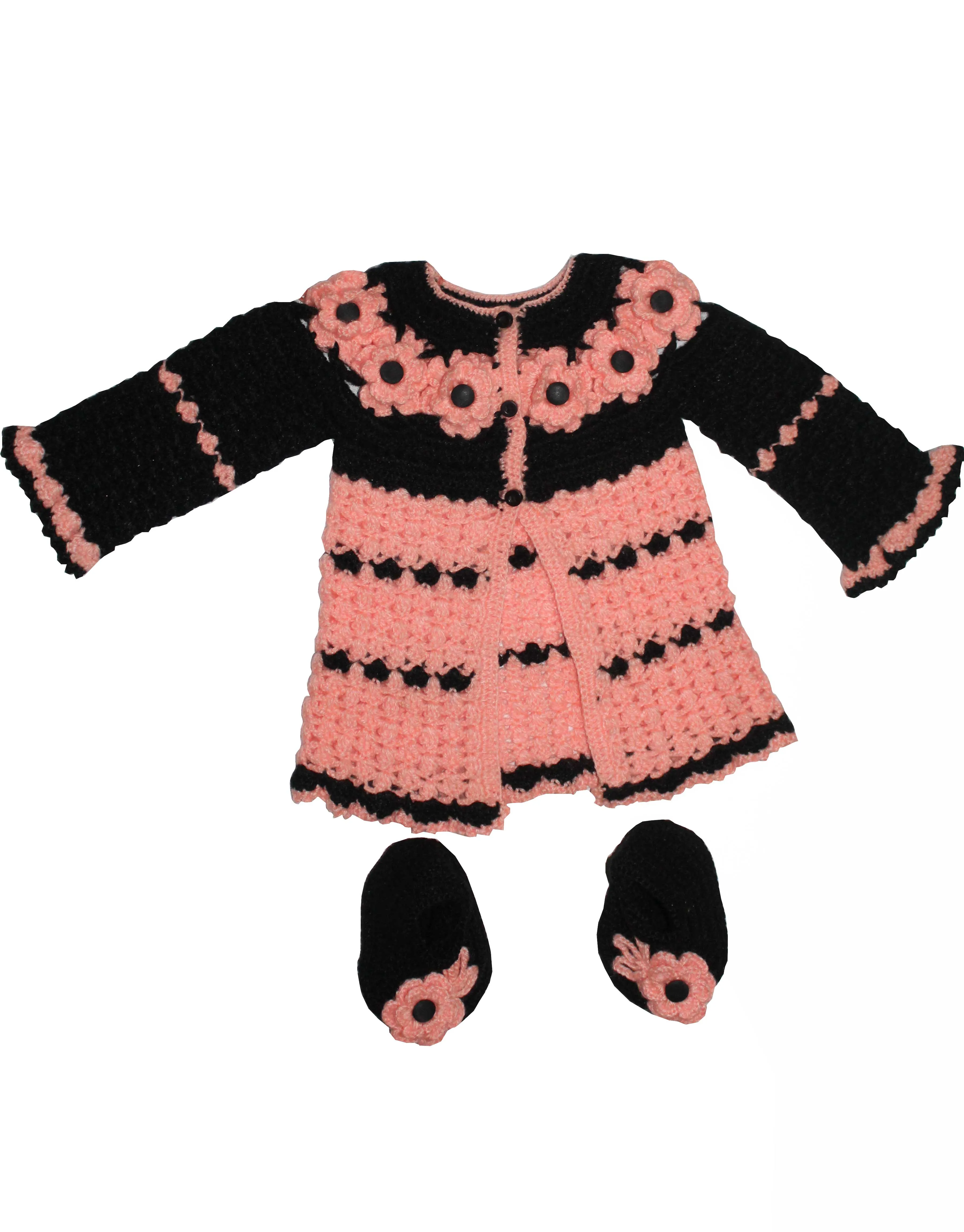 Woonie Crochet Handmade Beautiful Full Sleeve Cardigan On Front Flower Design - Dark Salmon & Black